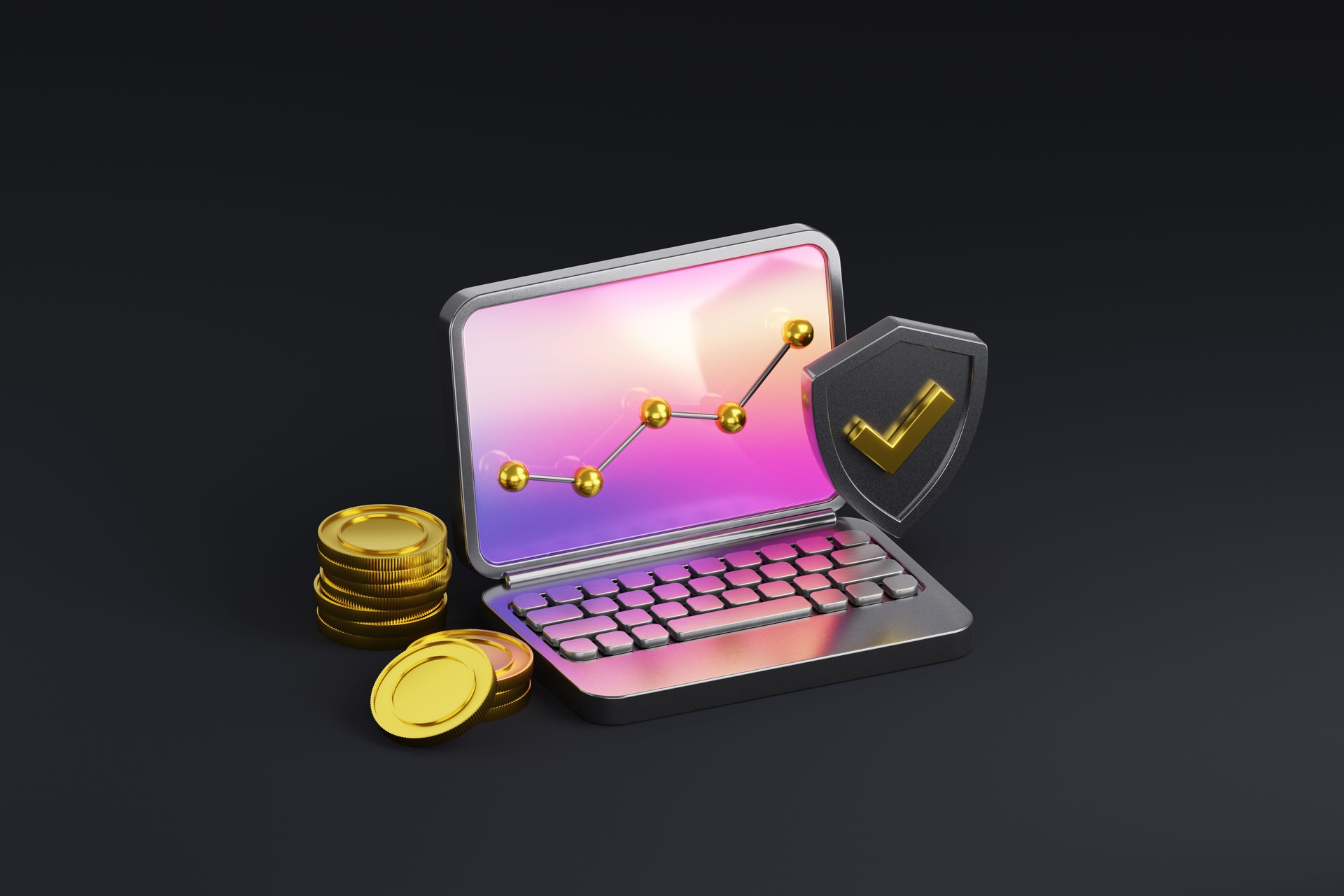 Modern Digital Finance Concept Featuring Laptop, Coins, and Security Shield on Black