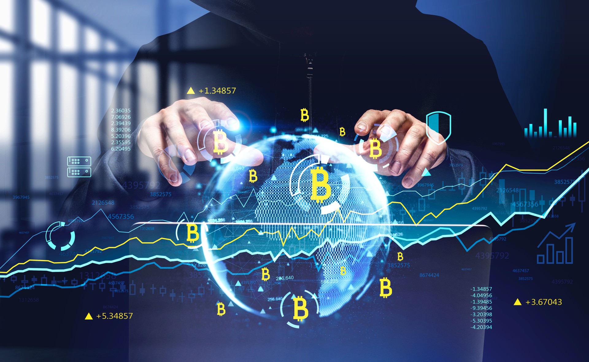 Front view of hacker in virtual office room stealing information. Internet, innovation and cyber attack concept. Cryptocurrency and bitcoin decentralized economy. Double exposure